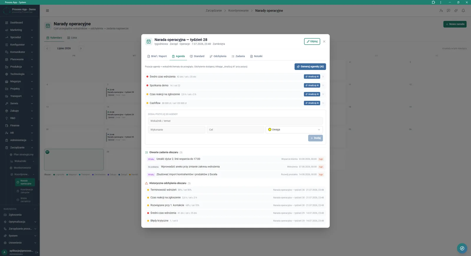 The operational meeting detail screen in a modal window, showing the active agenda tab with a list of indicators, an item entry form, and lists of open tasks and historical deviations.