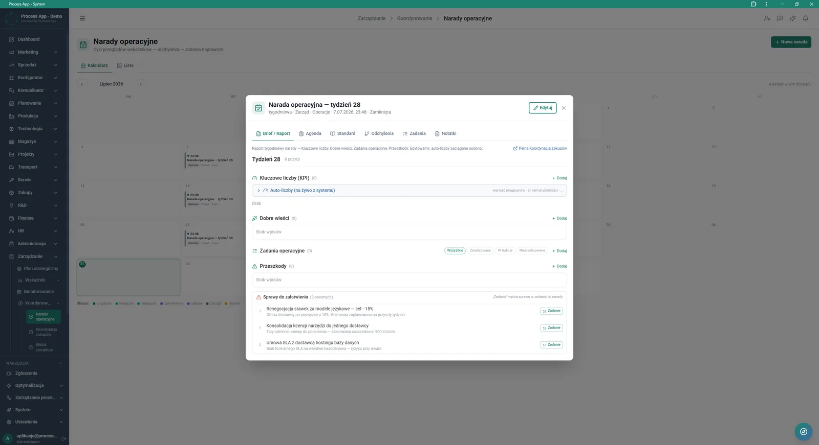 The operational meeting detail screen in a modal window, showing the active Brief / Report tab with sections for key figures, good news, operational tasks, obstacles and action items.