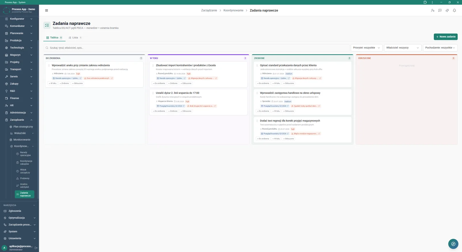 The Corrective tasks screen presents a Kanban board view with tasks divided into status columns, equipped with filters and a search bar.