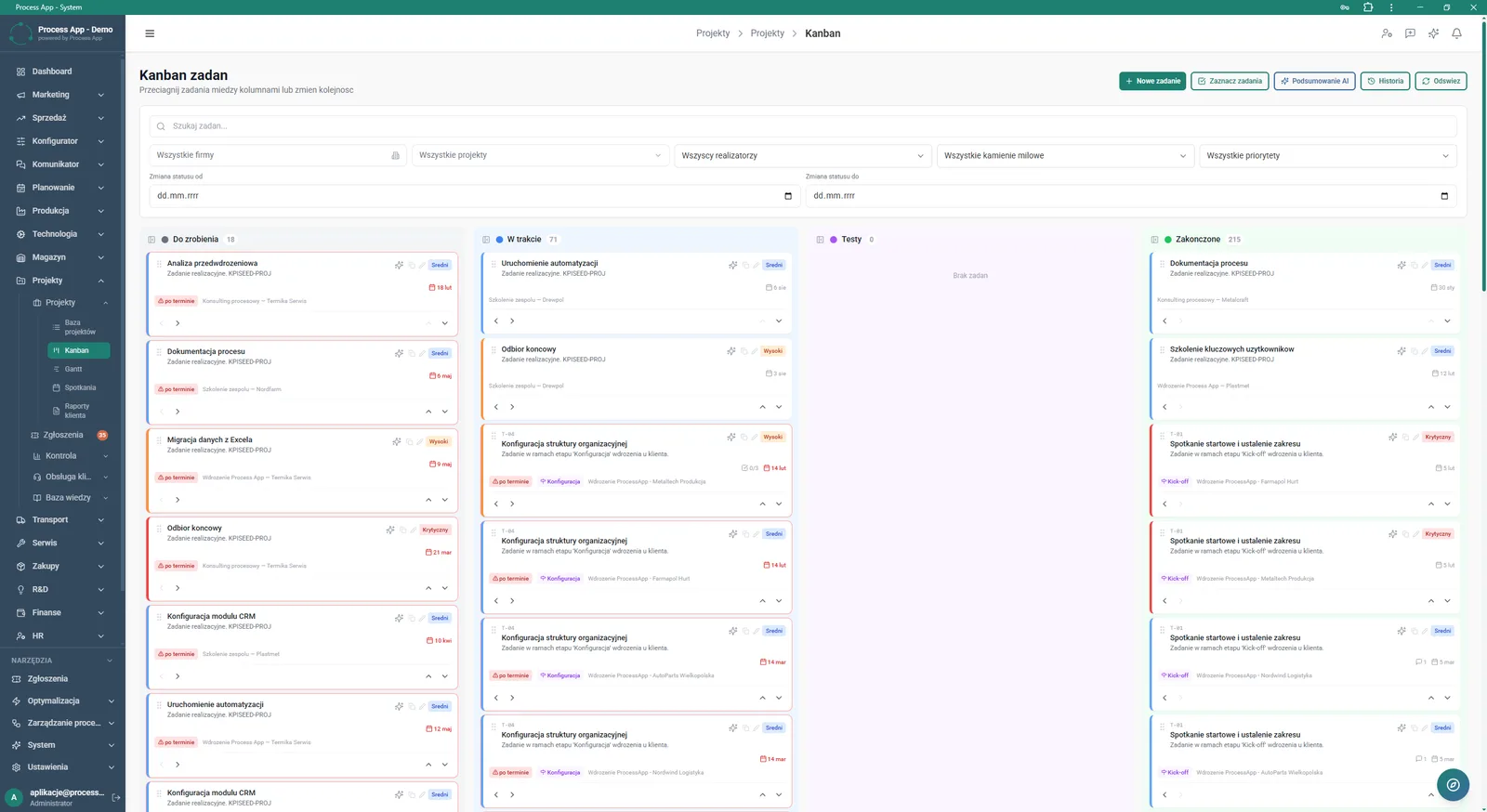 Task Kanban screen in the Projects module displaying a board with task cards arranged in columns by status, along with a filter panel and action buttons.