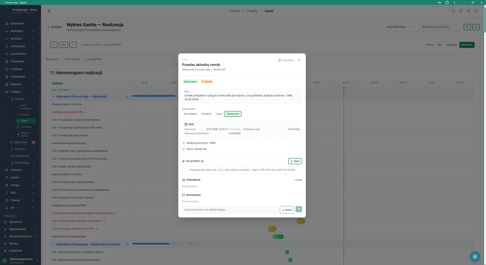 Screen showing an open task detail window overlaid on the Gantt chart view, containing information about status, dates, relations, and sections for attachments, subtasks and comments.