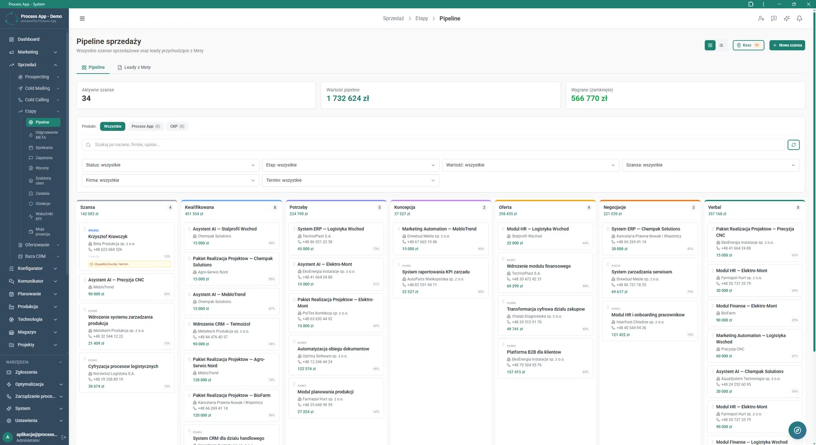 Kanban view of the sales pipeline showing opportunities by stage, with value summaries and advanced filters.