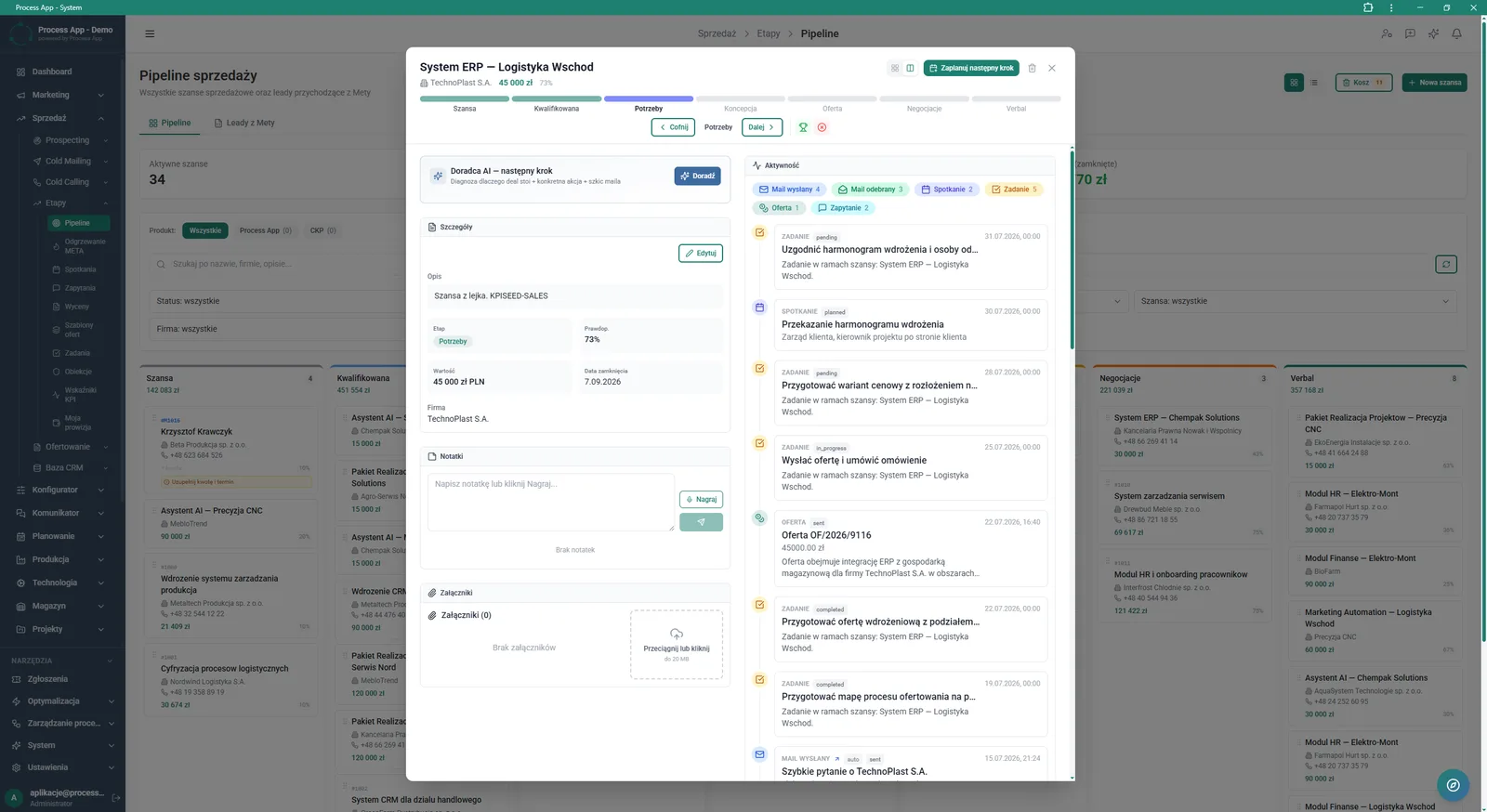 Sales opportunity detail view opened in a modal window over the pipeline Kanban view, showing opportunity data, notes, attachments and the activity timeline.