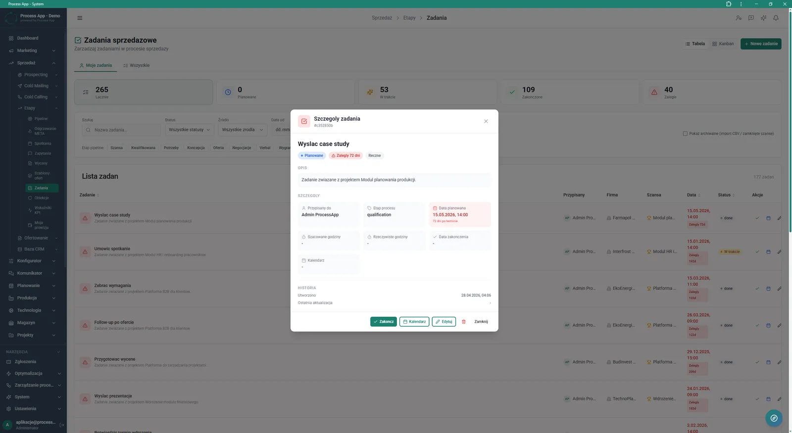 Sales task detail view opened in a modal window over the task list, showing description, assignee, dates and history of the selected task.