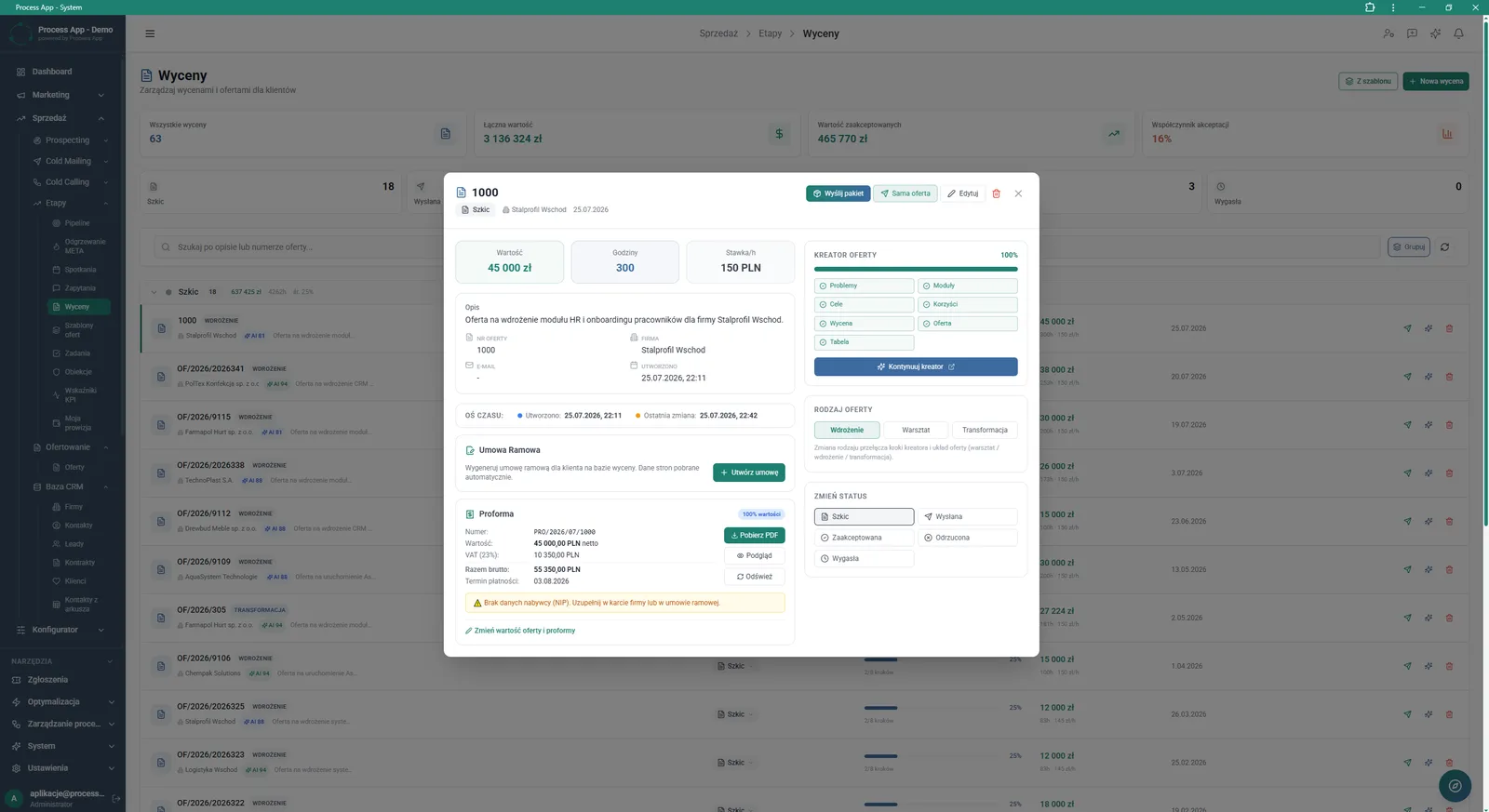 Estimates screen with an open details window for a specific estimate, showing financial parameters, offer wizard progress, document generation options, and statuses.