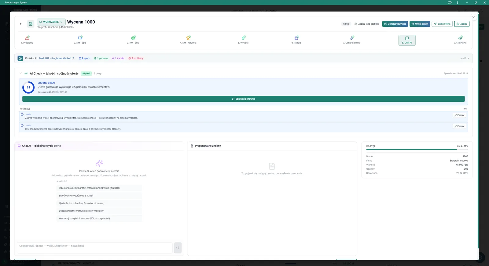 Offer wizard screen at the Chat AI stage, showing the document quality score, a list of remarks to improve, and a chat interface for global content editing with artificial intelligence.