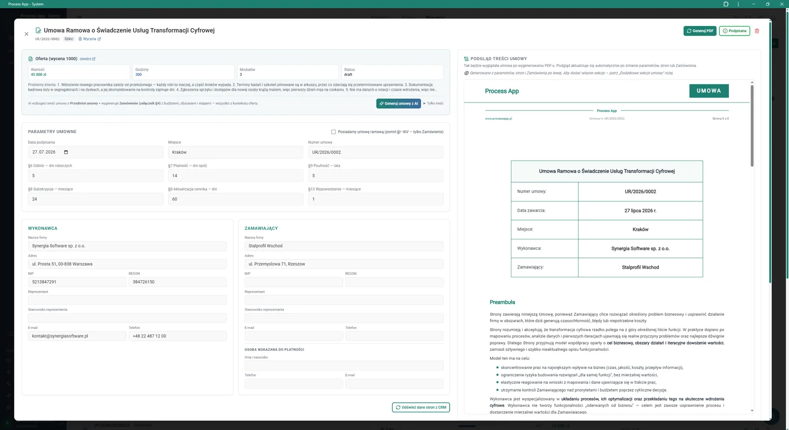 Framework agreement details screen showing forms with contract parameters and party data on the left and a preview of the generated document on the right.
