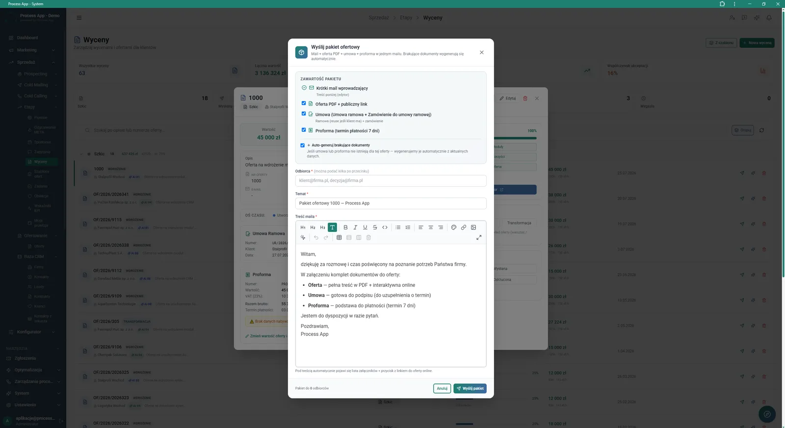 Estimates screen with an open “Send offer package” modal window, showing a form for selecting attached documents, recipient data, and an email message editor.