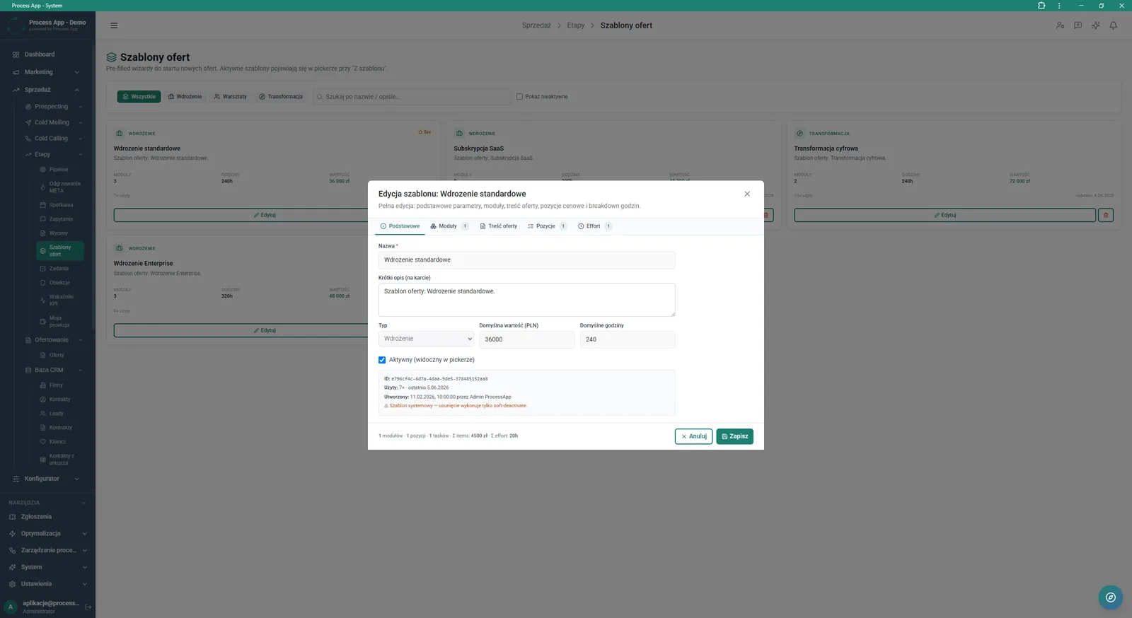 Offer Templates screen with an open modal window for editing a specific template, showing a form with basic parameters, configuration tabs, and tiles of available templates in the background.
