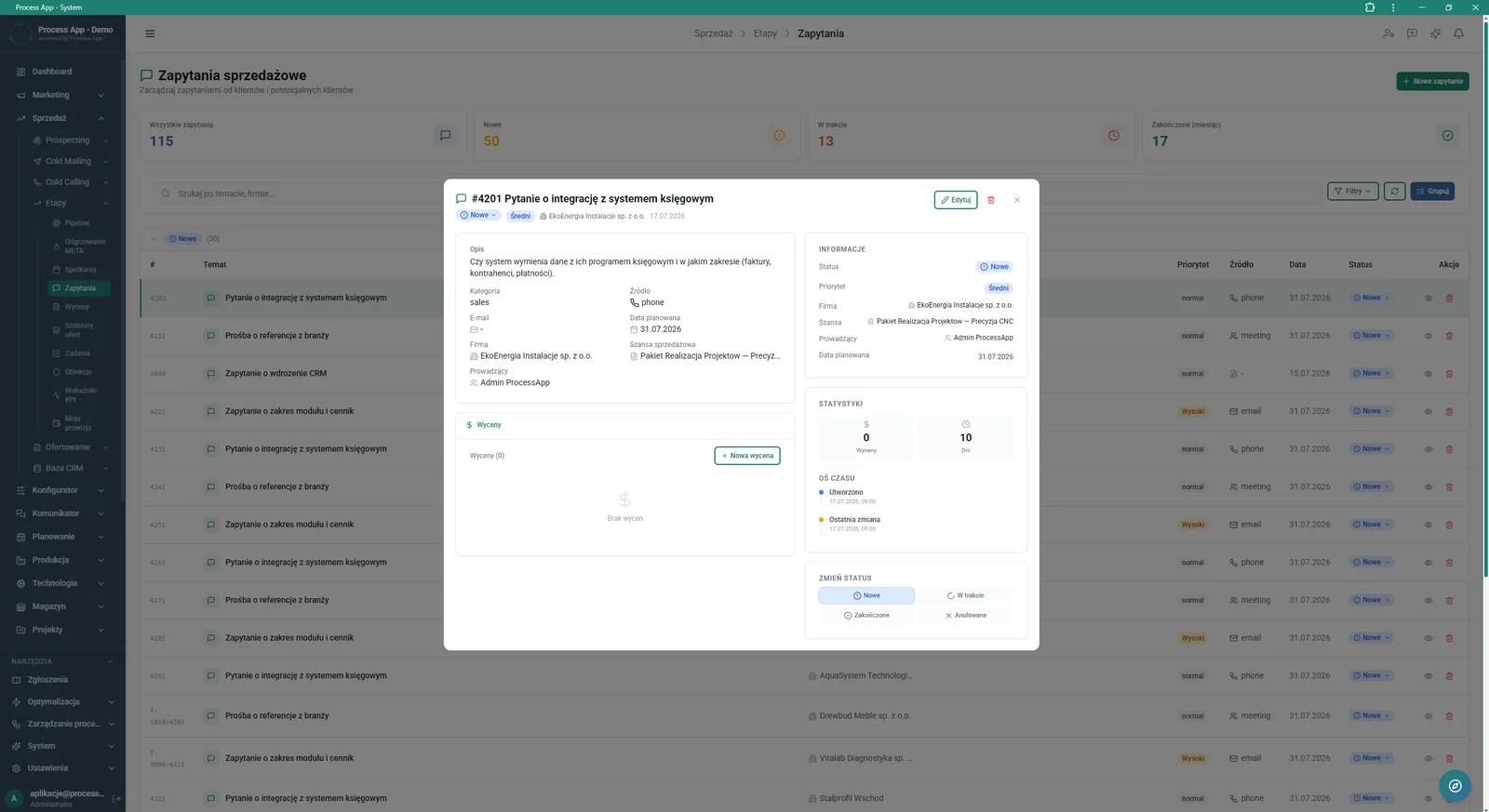 Sales inquiry details screen displayed in a modal window, containing the description, assigned information, statistics, timeline and quotation section.