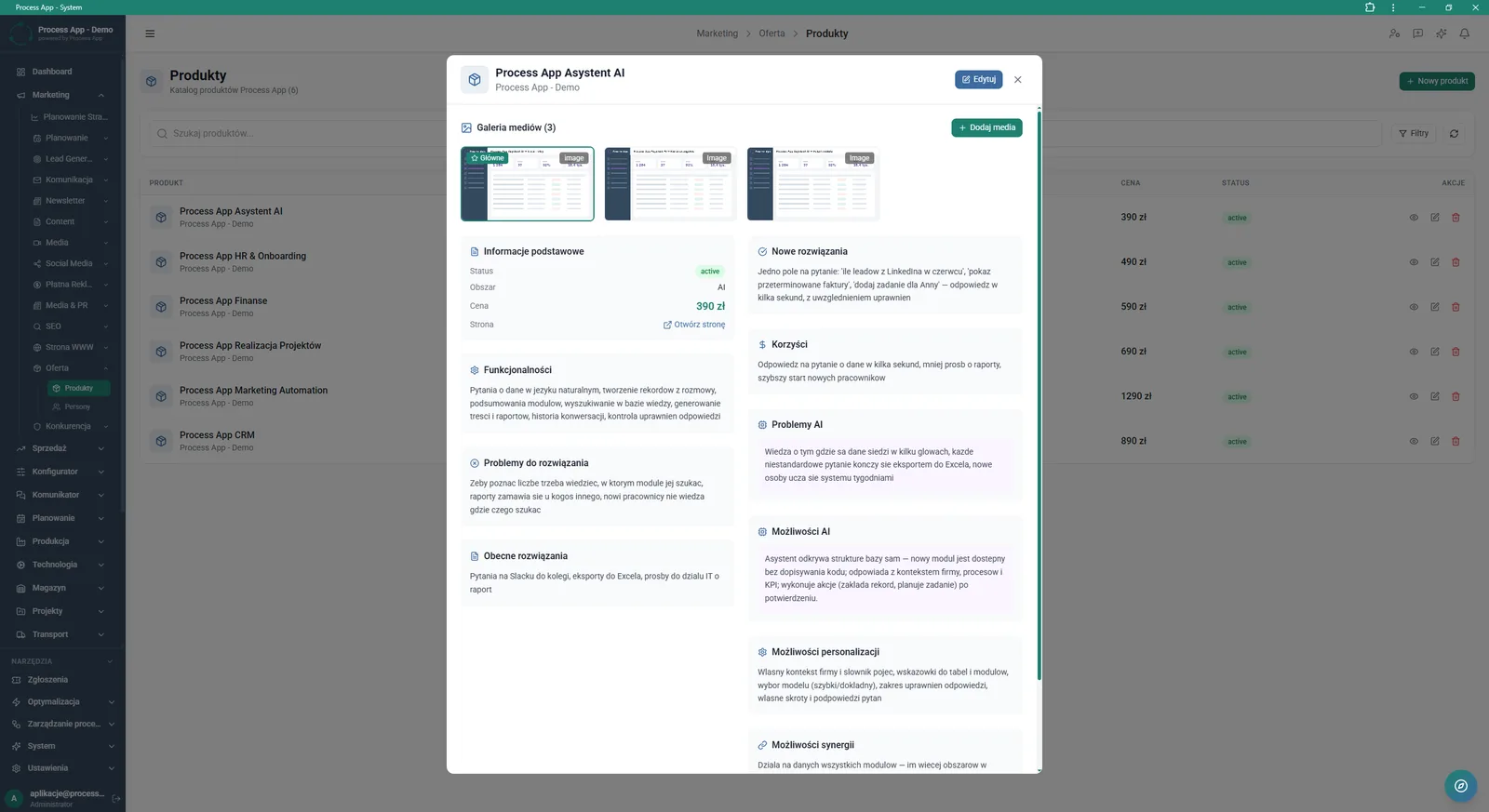 Product details screen displayed in a modal window over the product list, showing a media gallery, basic information and text blocks describing functionalities and benefits.