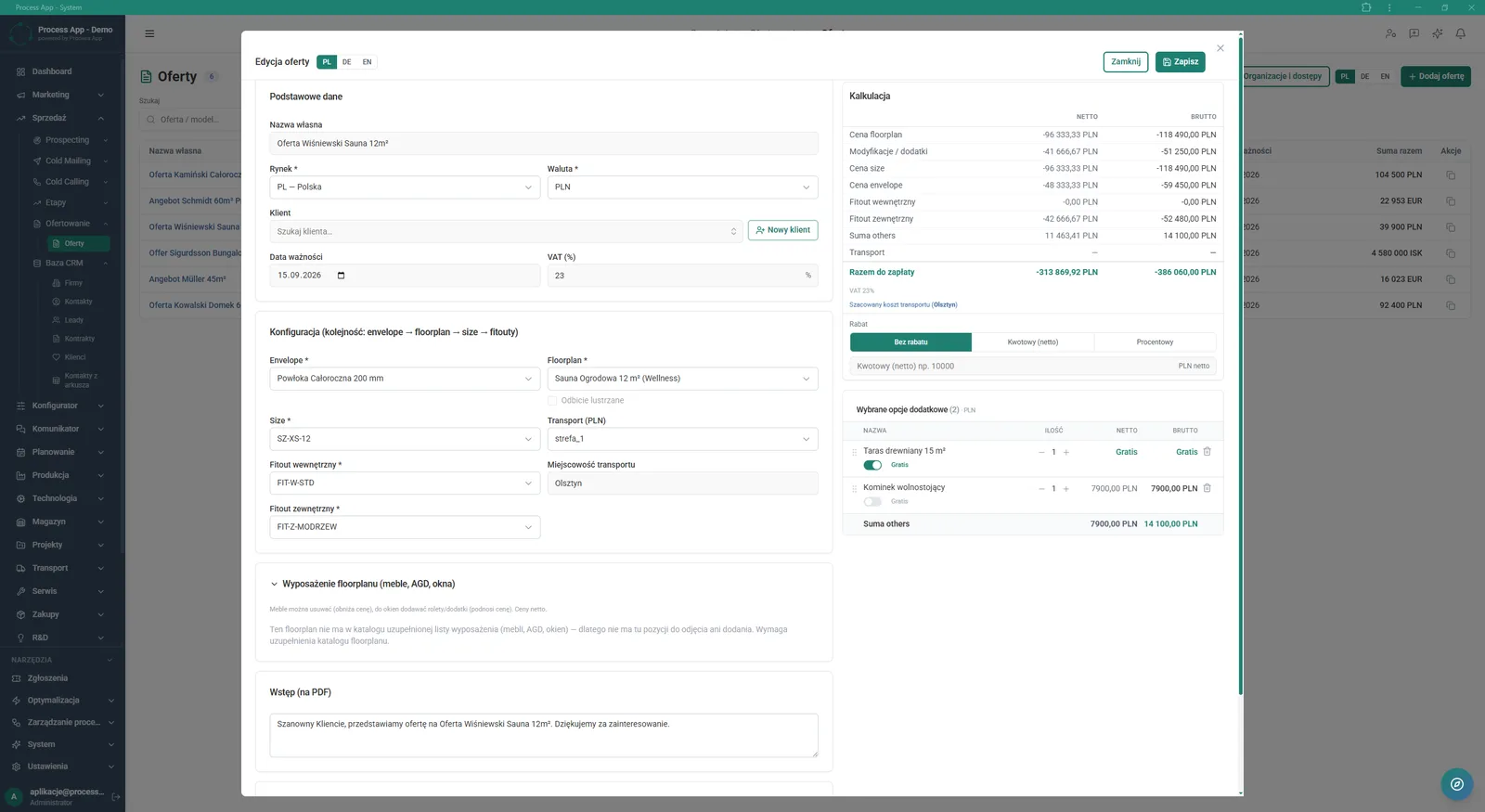 Modal-style screen for editing offer details, containing forms for basic data, product configuration and a detailed cost calculation with discount options.