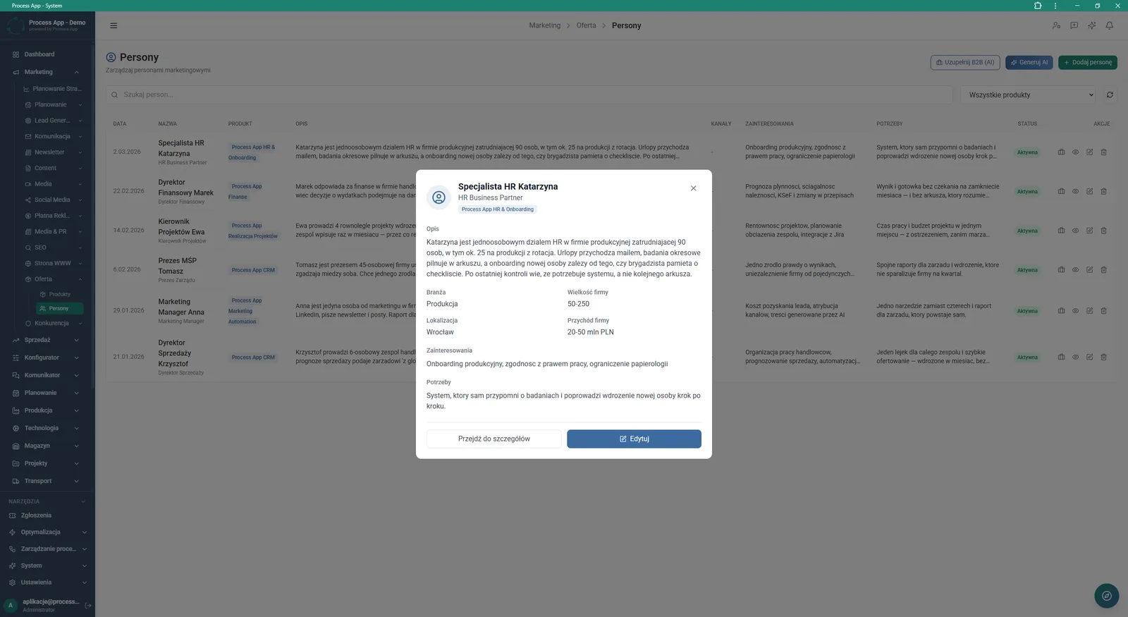 Marketing personas list screen with an open modal window presenting detailed information about the selected persona.
