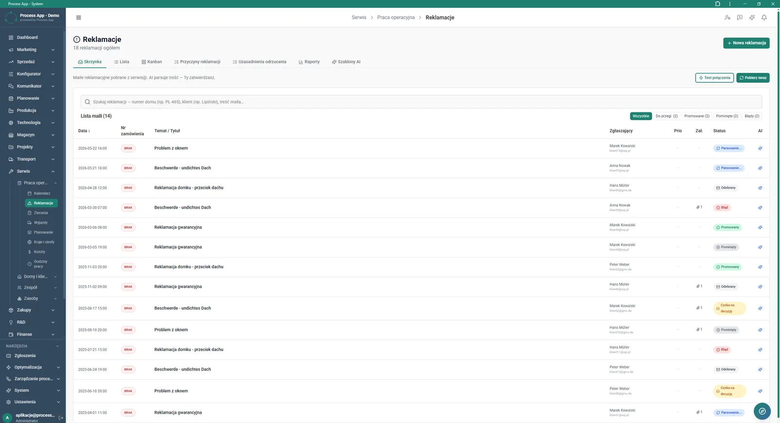 Complaints screen in Inbox view showing the list of imported complaint emails together with their AI parsing status.