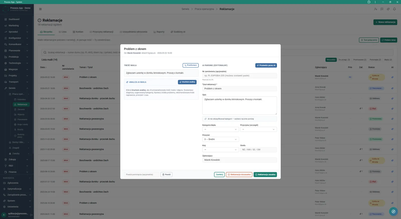 Complaints screen with the ticket detail window open, showing the email content and an editable AI data‑parsing form.