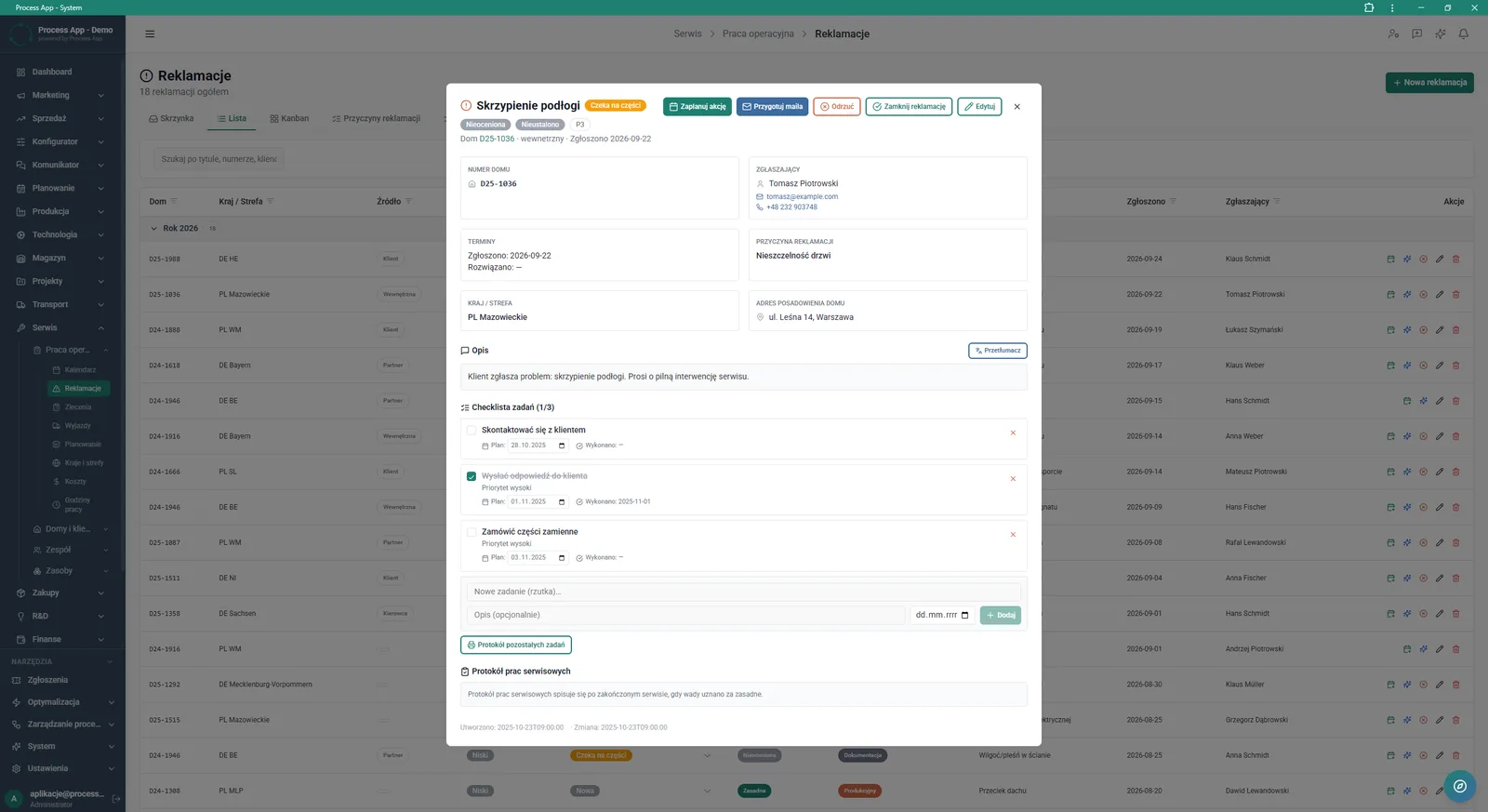 Complaints screen in List view with the ticket detail window open, showing complaint data, problem description, and a checklist of related tasks.