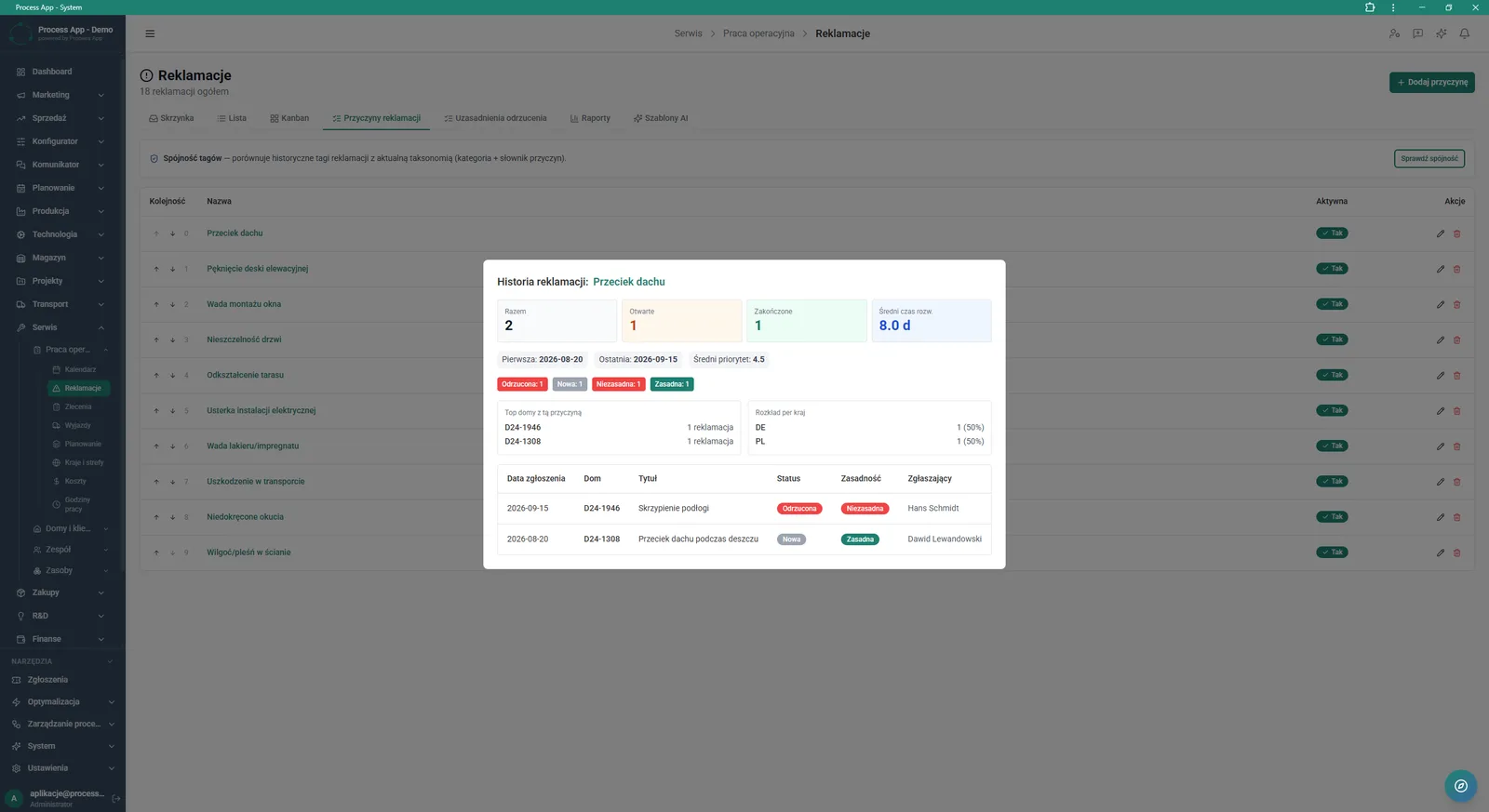 Complaints screen in the Complaint reasons tab with the history window open for a selected reason, showing statistics, geographical distribution, and a list of related tickets.