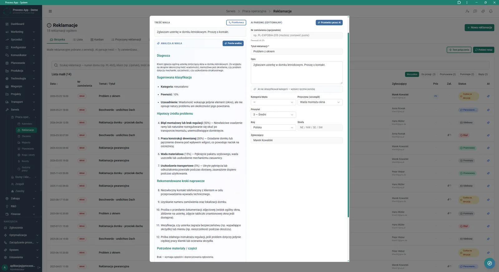 Complaints screen with the ticket detail window open, showing the email content, detailed AI analysis with hypotheses and corrective recommendations, and an editable data‑parsing form.