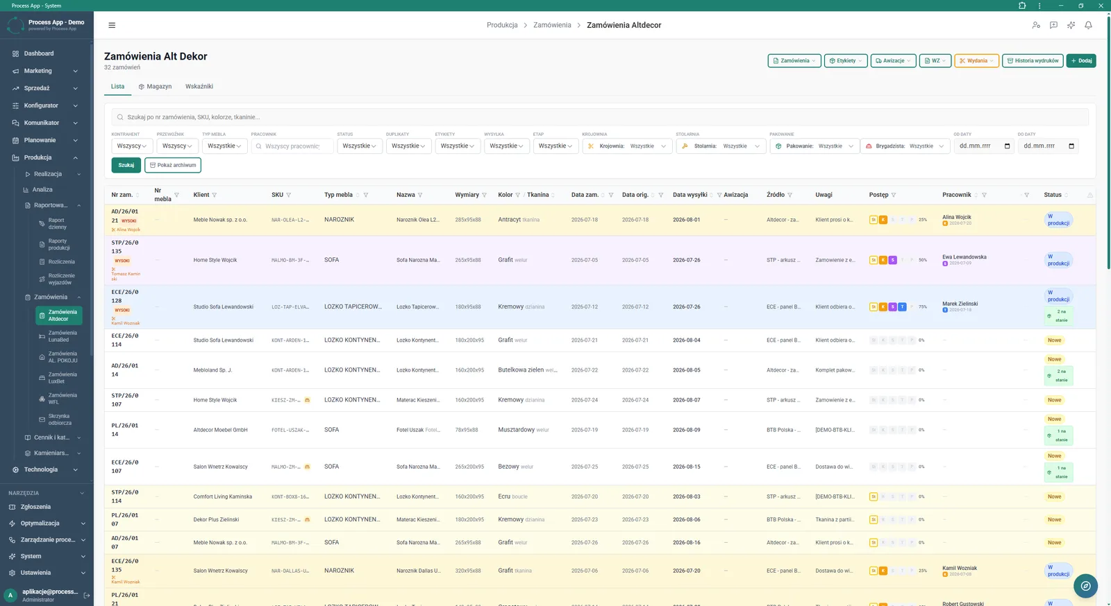 Alt Dekor Orders screen in the Production module showing a detailed order table with advanced filtering options and bulk action buttons.