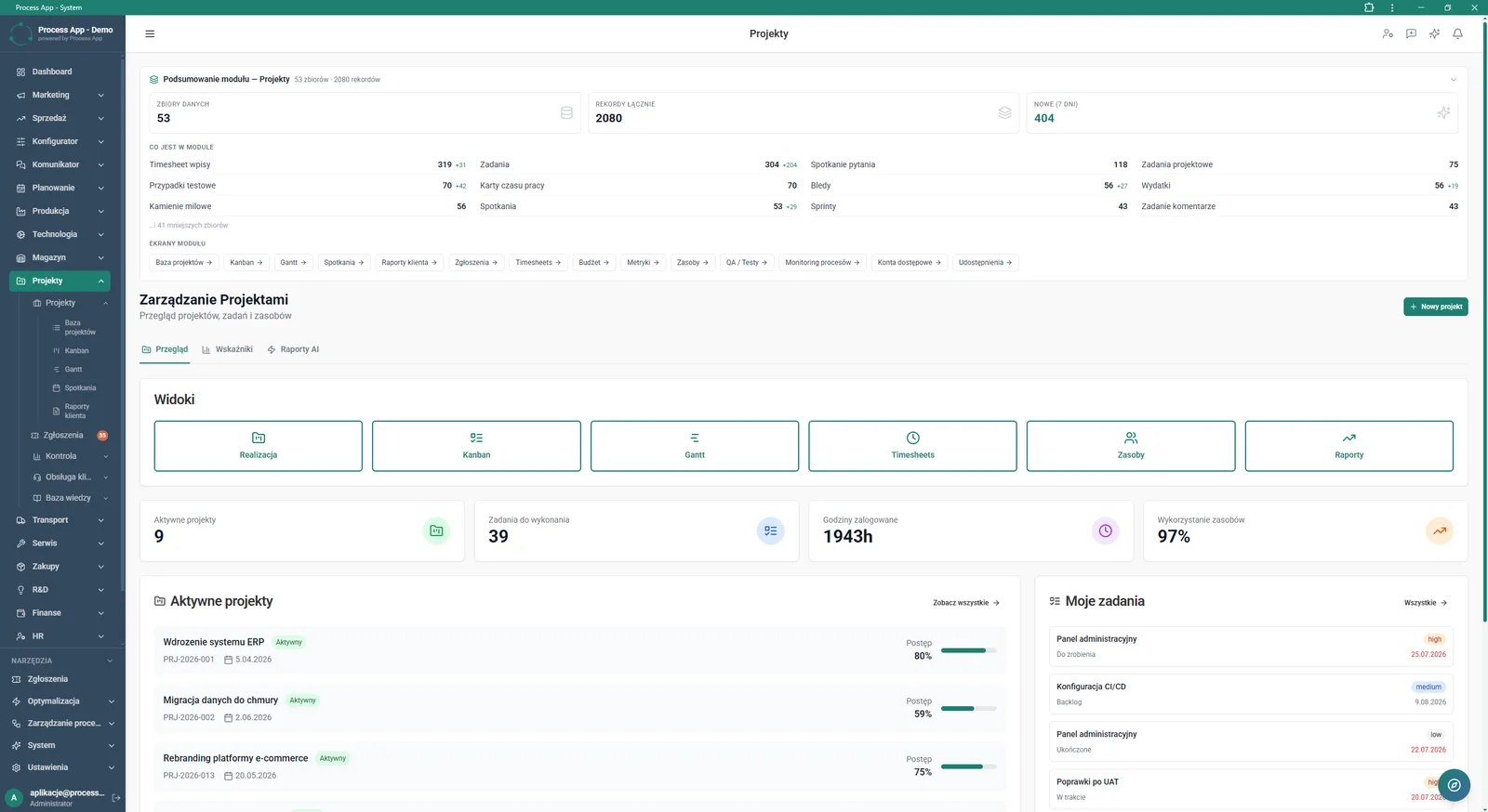 Main screen of the Projects module showing a data summary, available views, key metrics, and lists of active projects and assigned tasks.
