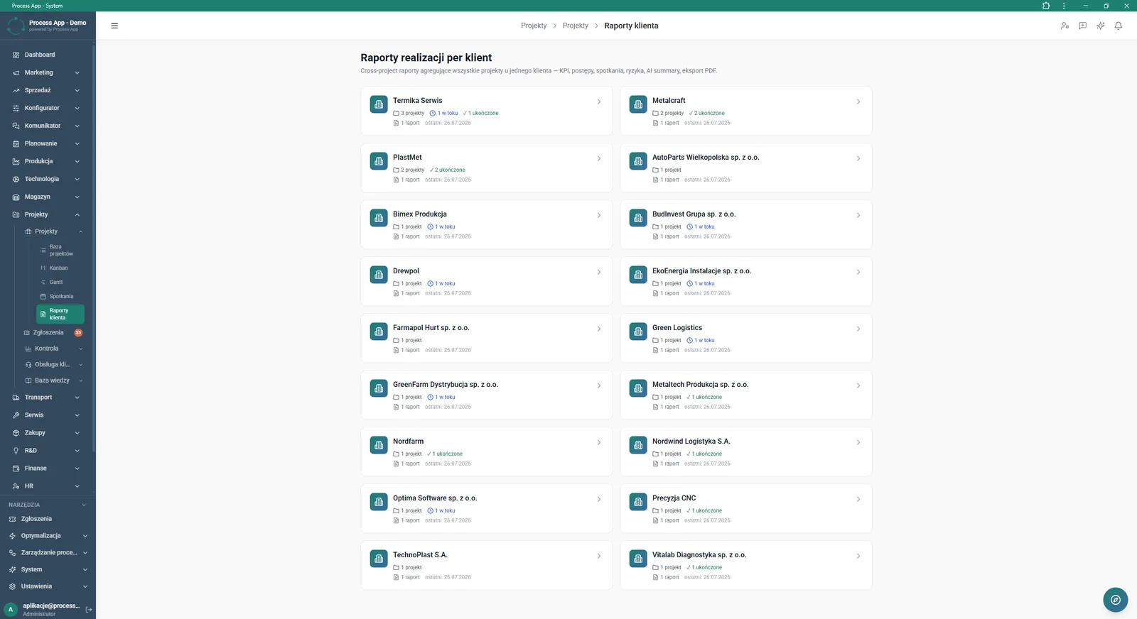 The Client reports screen displays a list of tiles representing individual clients together with a summary of their projects, statuses, and generated reports.