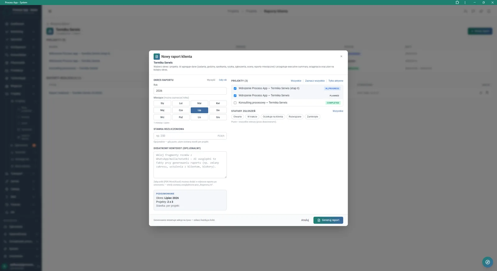 Screen showing the New client report modal window, where the user configures report generation parameters such as period, rate, additional context, and selects projects and ticket statuses.