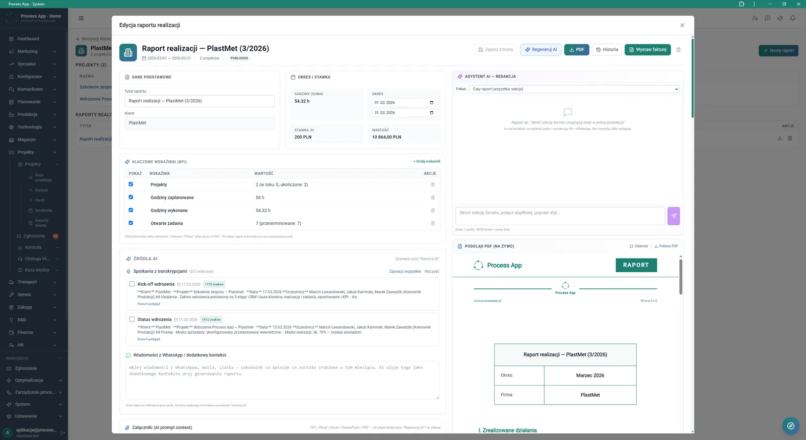 Screen showing the delivery report edit modal window with a form containing basic data, KPIs, AI data sources, the editing assistant, and a live preview of the generated PDF file.