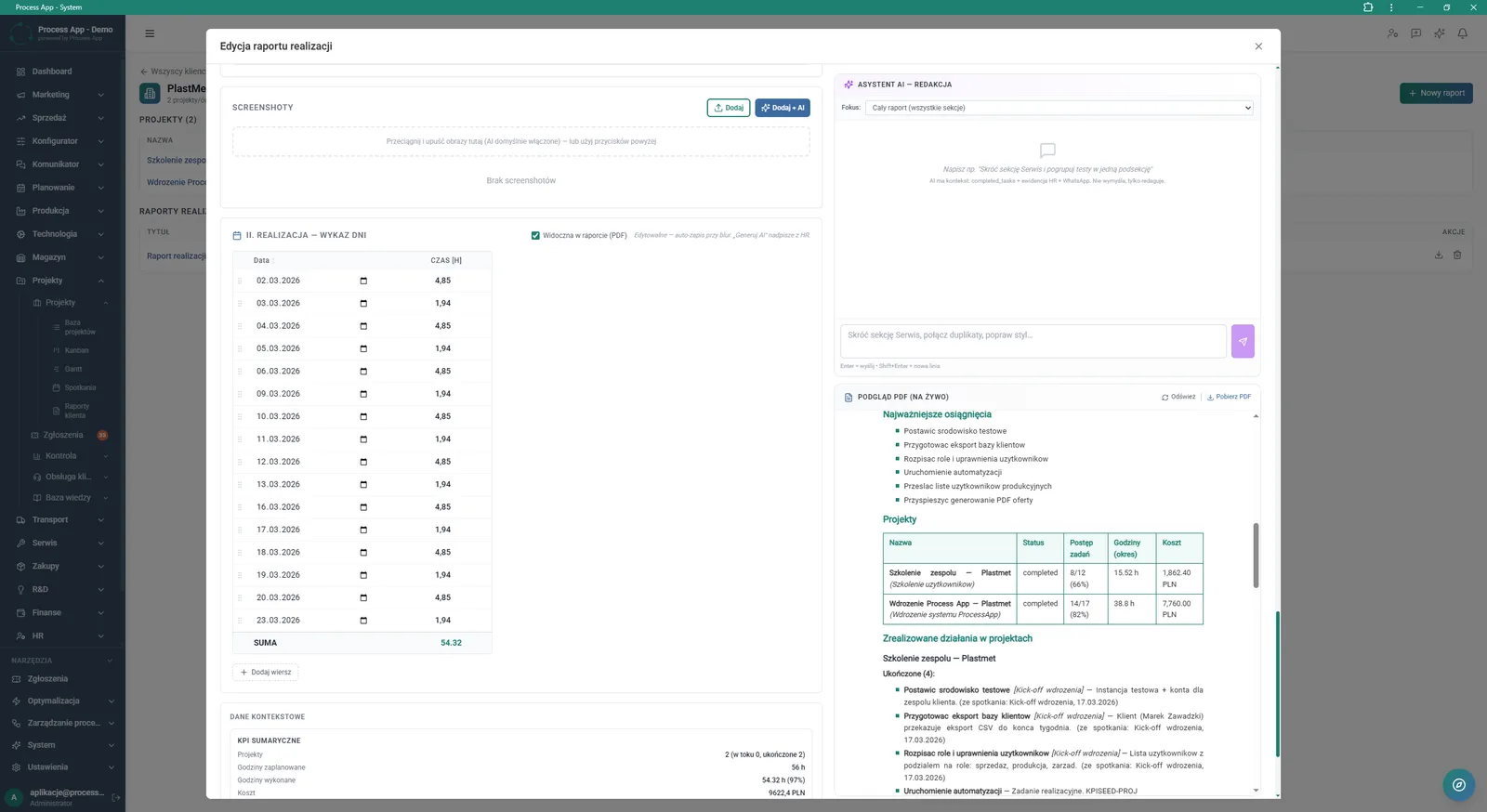 Delivery report edit modal window showing sections for attaching screenshots, a breakdown of days worked, the AI assistant for text editing, and a live preview of the PDF document.