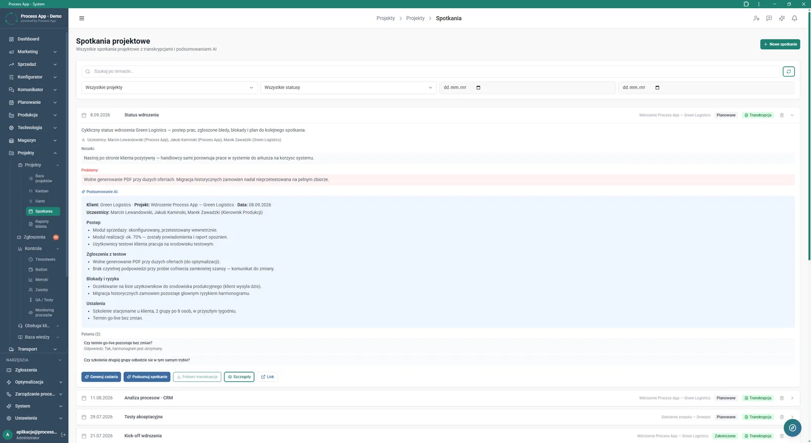 The Project meetings screen shows a list of meetings with filtering options and an expanded detail view containing notes, reported issues, and the AI-generated summary.