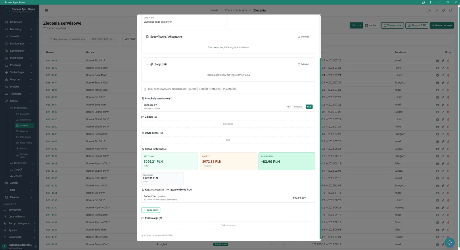 The Work orders screen in the Service module with an open work order detail window showing, among others, job description, reports, profitability balance and costs.