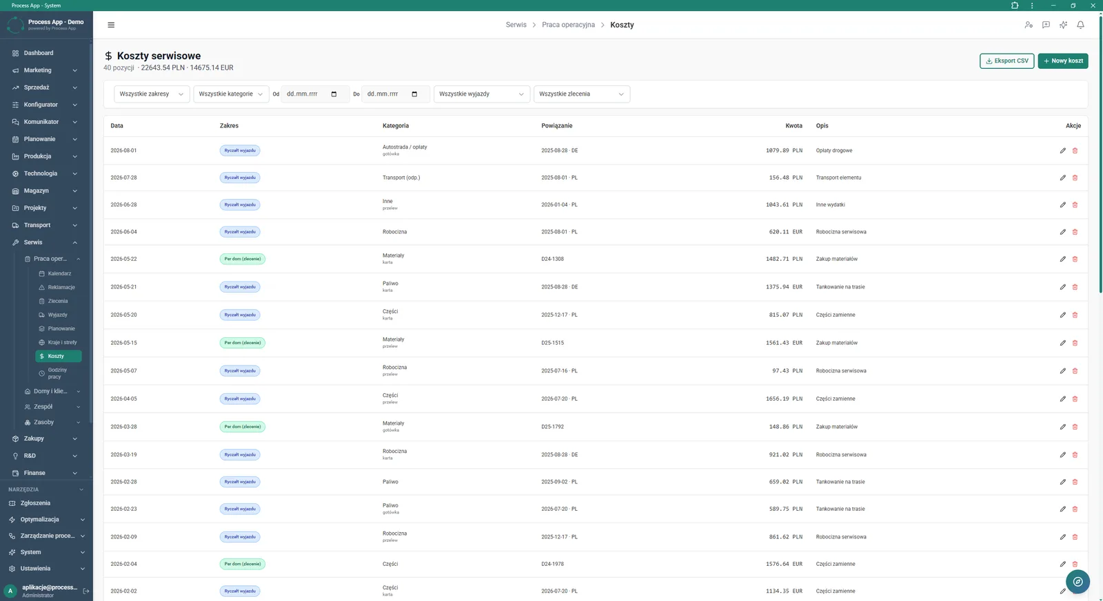 The Service costs screen shows a tabular summary of expenses related to trips and work orders, including the number of items and total amounts.
