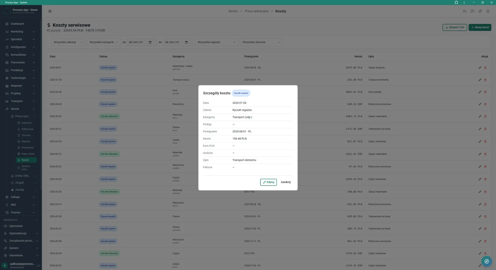 The Service costs screen with an open modal window of the selected cost details, presenting its exact parameters.
