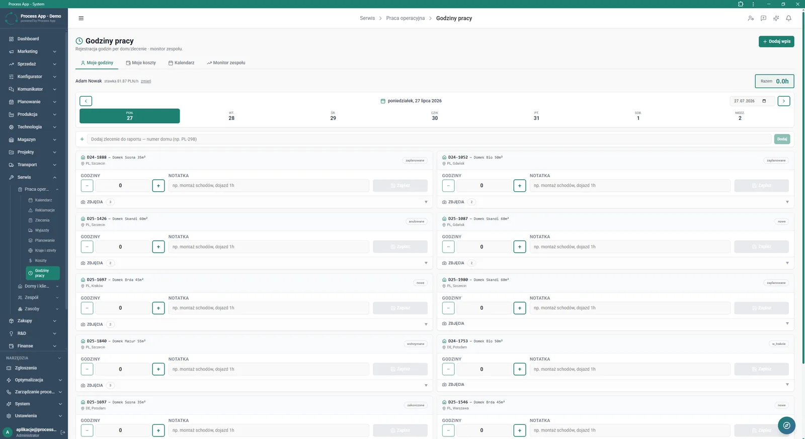 The Working hours screen in the Service module showing a list of assigned work orders for the selected day, with options to report working time and add notes.