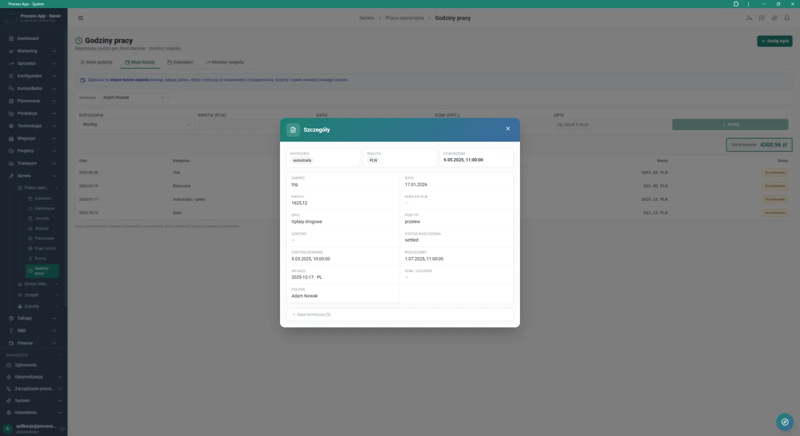 The Working hours screen in the My costs tab with an open Details modal window presenting the exact parameters of the selected expense.