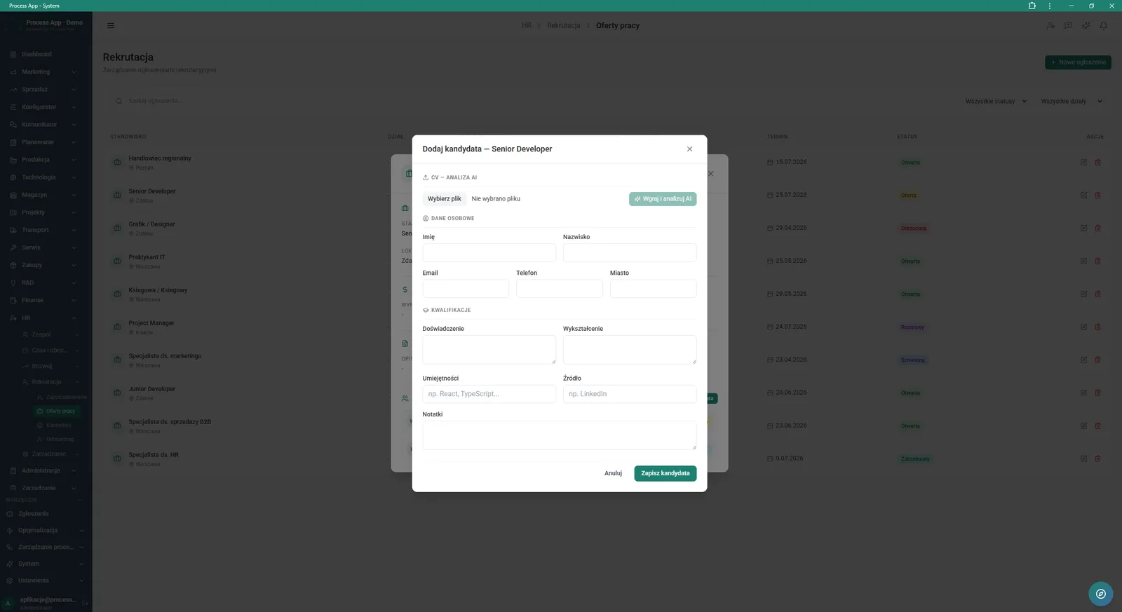 The screen shows an open modal window for adding a new candidate to a job offer, with a form for personal data, qualifications and an option to have the CV analysed by AI.