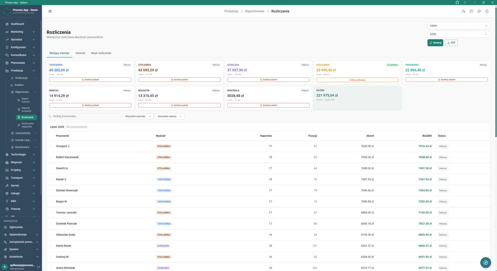 Settlements screen in the Production module showing monthly employee piecework settlements with summaries for individual departments and a detailed table.