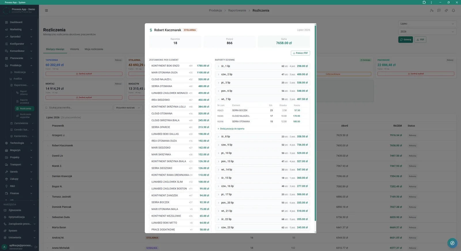 Settlements screen with an open detail window for the piecework settlement of a selected employee, showing the summary, list of completed items and daily reports.