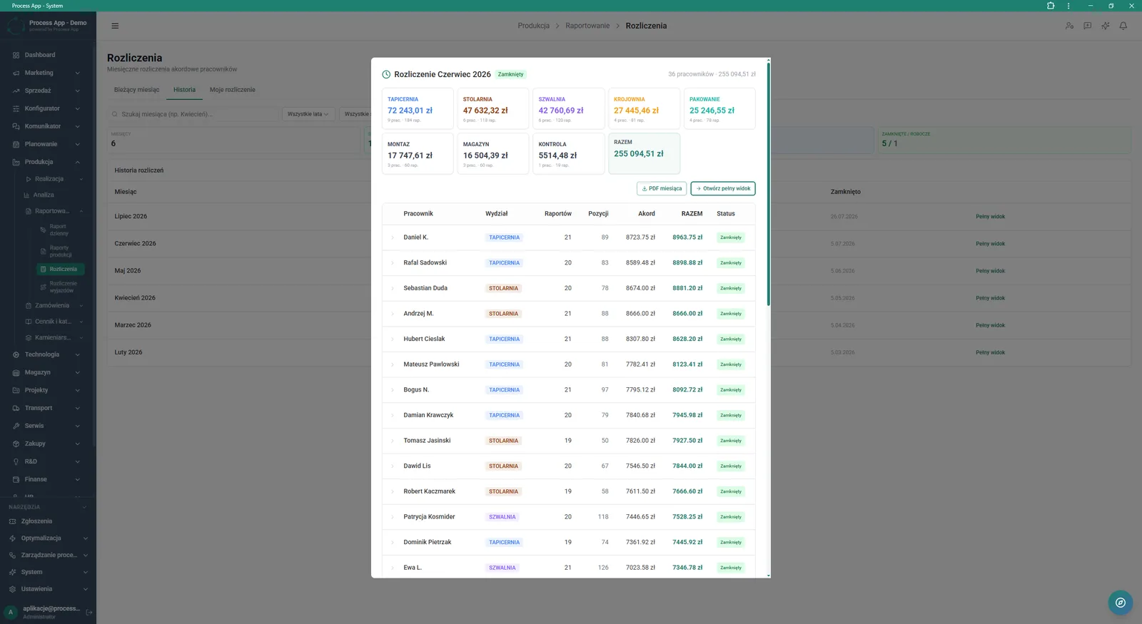 Settlements screen with an open detail window for the monthly piecework settlement, showing a cost summary by department and a list of employees with amounts to be paid.