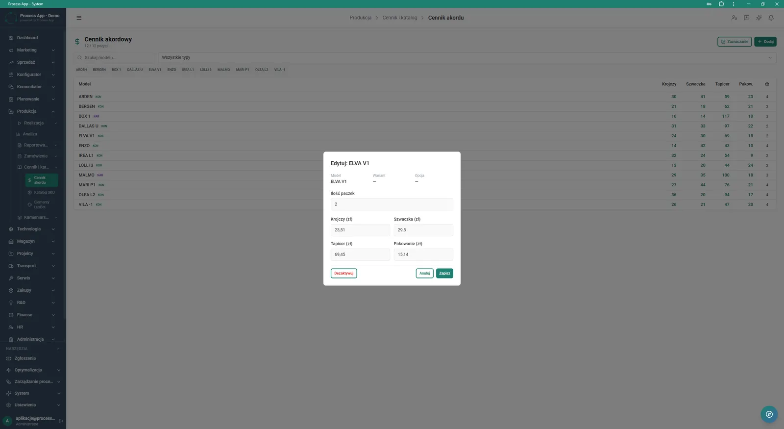 Piecework price list screen with an open rate editing window for a selected model, showing fields for setting amounts for the cutter, sewer, upholsterer and packing.