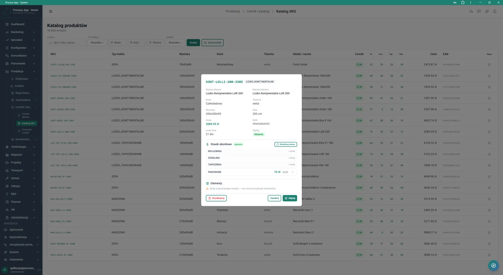 SKU Catalogue screen in the Production module with an open detail window for a selected product, showing its parameters and assigned piecework rates for each production stage.