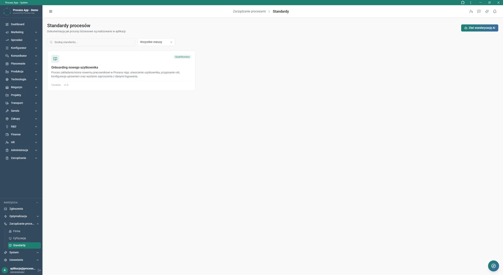 Process Standards screen in the Process Management module, displaying the list of documented standards with search and status-based filtering.