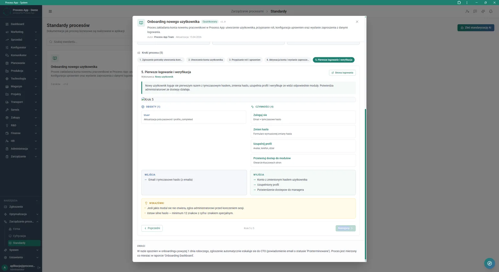 Detail view of the fifth step in a published process standard, showing the performer, description, assigned objects, activities, inputs, outputs and guidance.