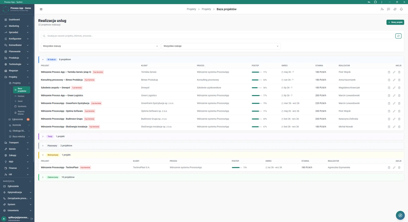 Project database screen displaying a list of delivery projects grouped by status, presenting key data such as customer, progress, period and owner in a table view.