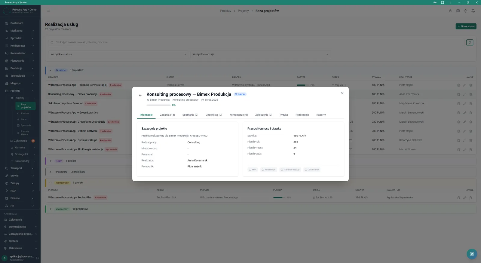 Project database screen with the details window of a selected project open, showing the tab with basic information such as delivery details, workload and rate.