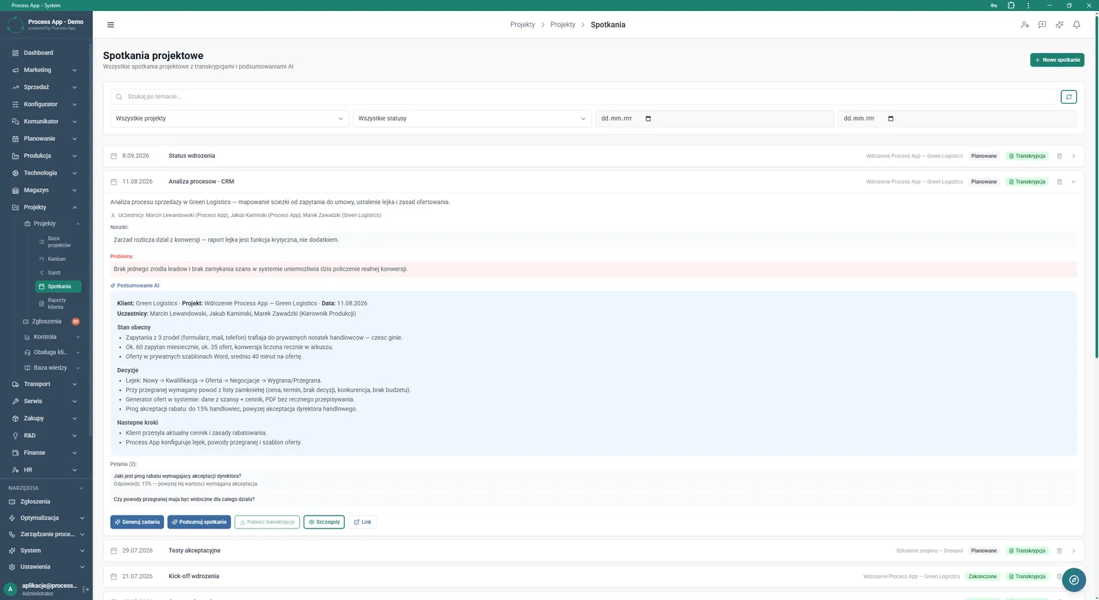 Project meetings screen showing the list of meetings with filtering options and an expanded view of a selected meeting containing notes, identified issues and a detailed AI-generated summary.
