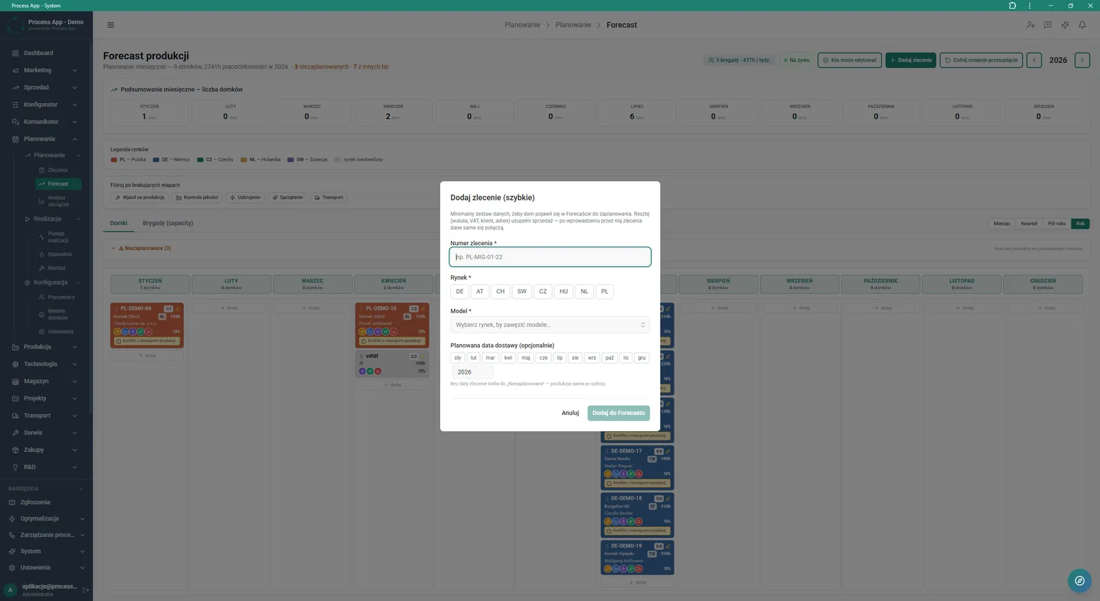 Production Forecast screen with the “Add order (quick)” modal window open, where you enter basic order data such as number, market, model and delivery date.