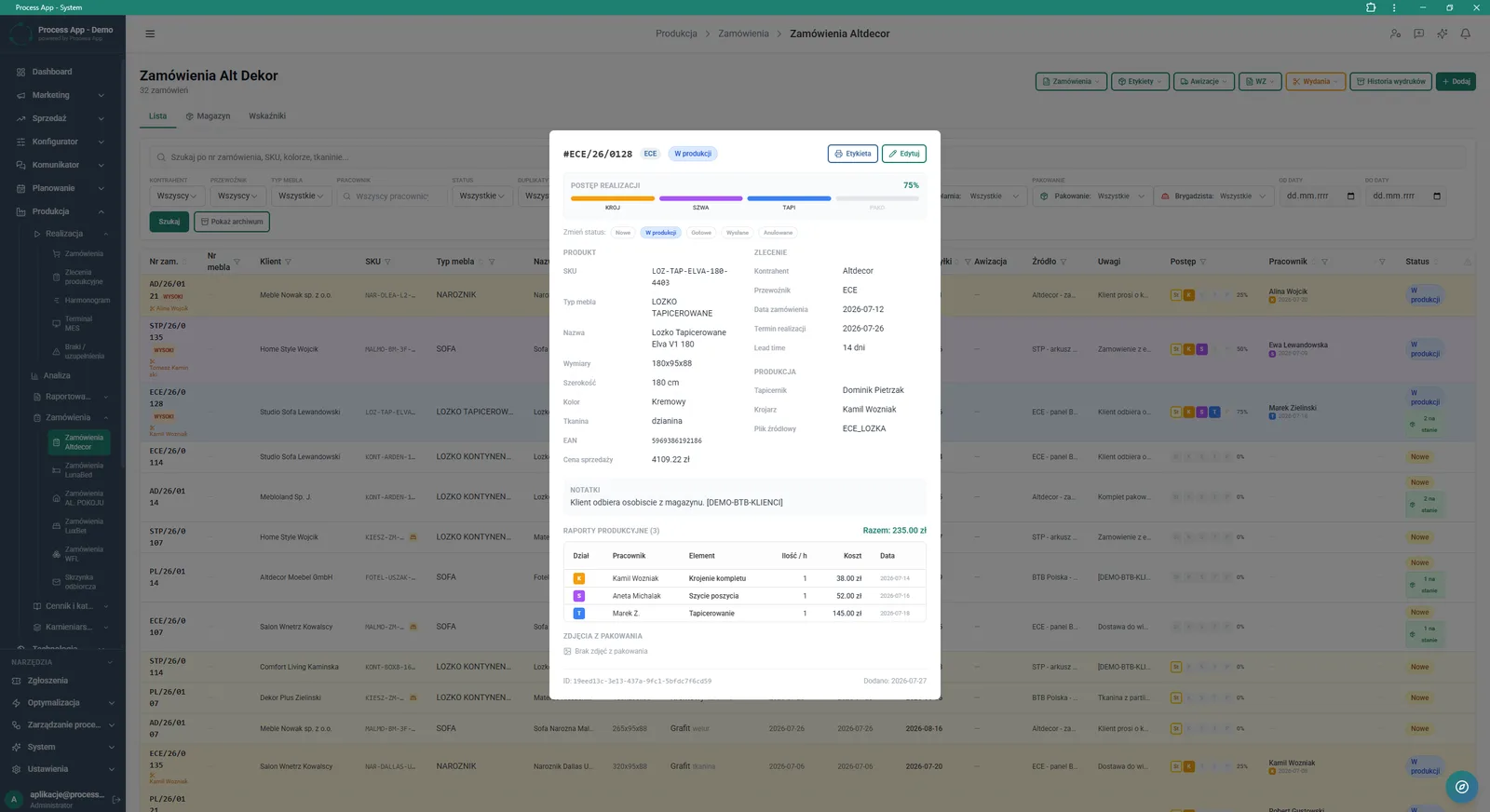 Order list screen with an open details window for a specific order, showing execution progress, product data, order information and production reports.