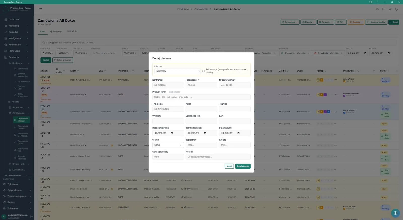 Altdecor orders list screen with the Add order modal window open, used for manually entering the details of a new production order.