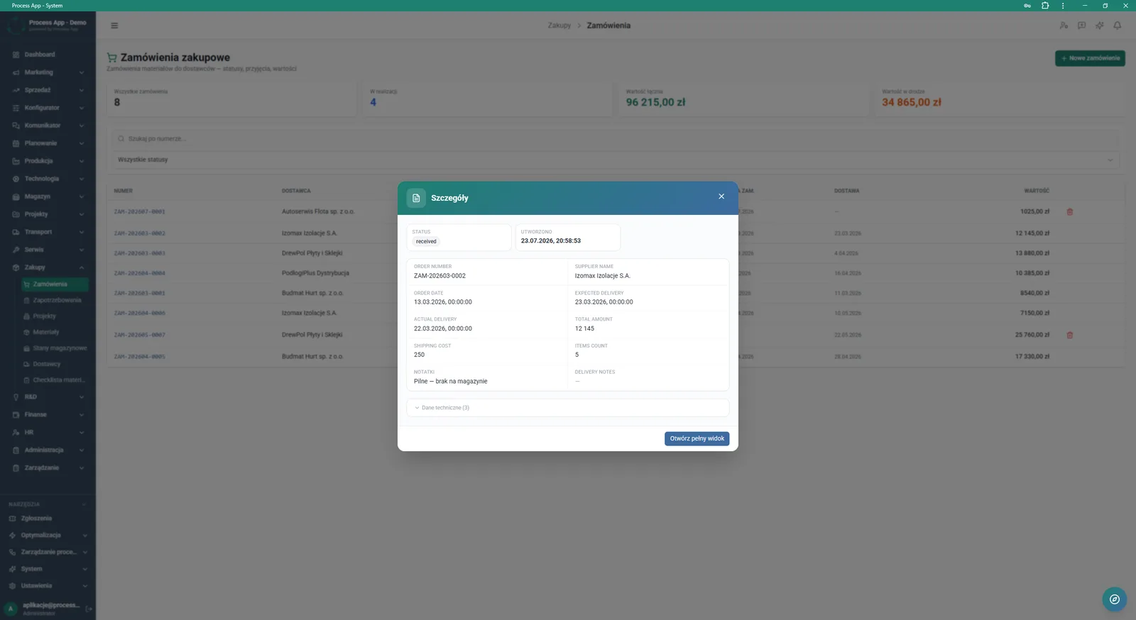 Screen showing a modal window with details of a selected purchase order displayed over the order list.
