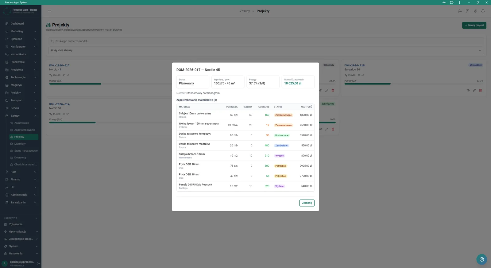 Screen showing a modal window with project details and the material demand list, displayed over the project list in the Purchasing module.